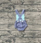 Blue plaid straps fishing baby boy summer romper
