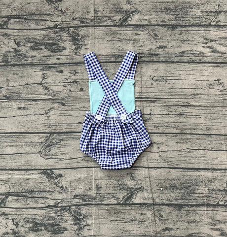 Blue plaid straps fishing baby boy summer romper