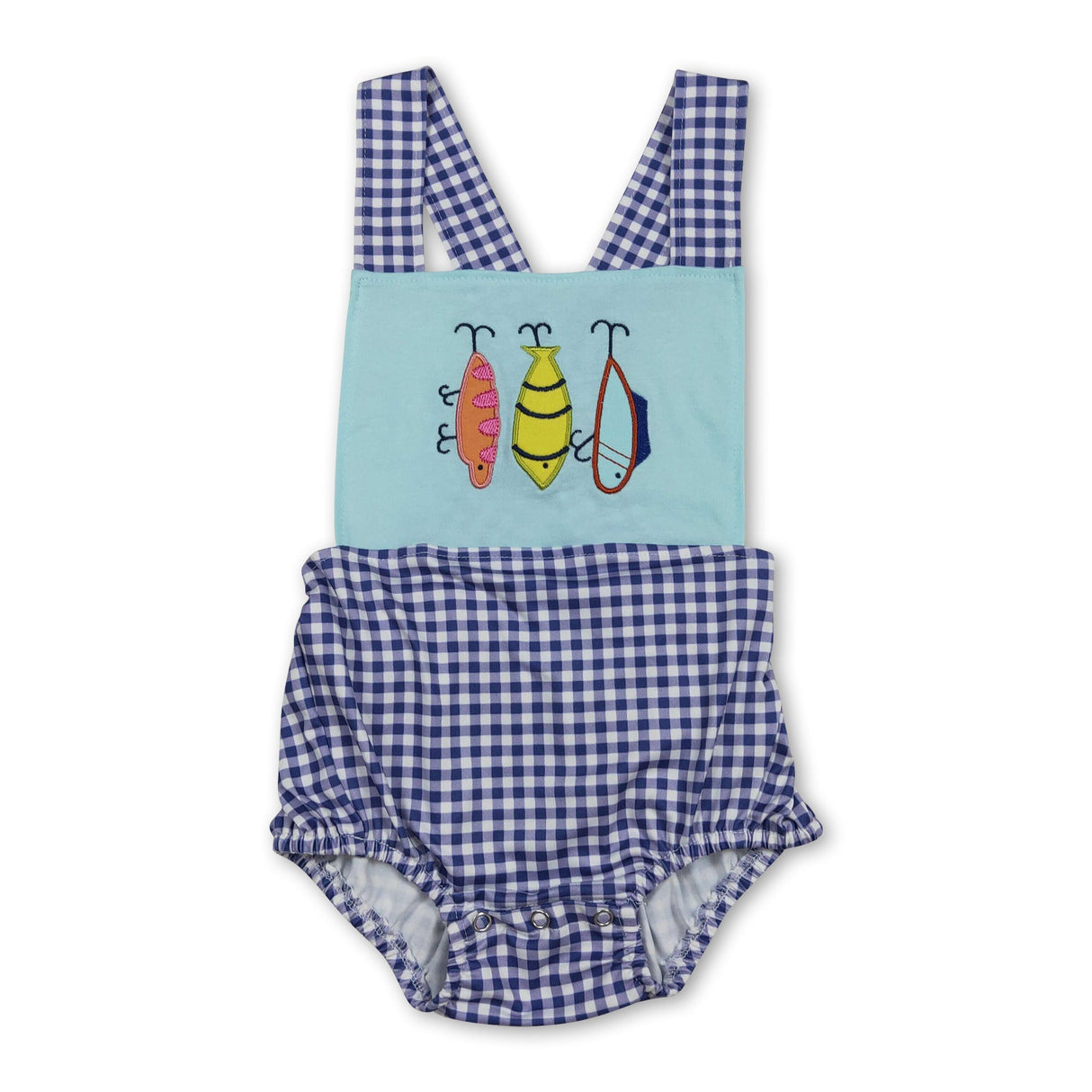 Blue plaid straps fishing baby boy summer romper
