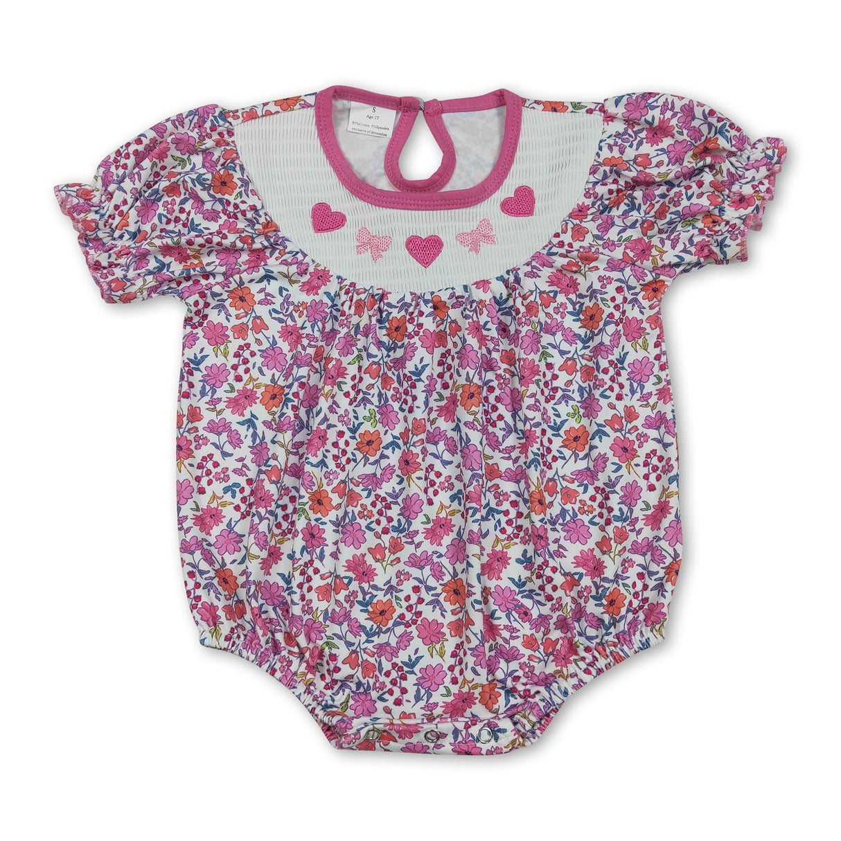 Heart bow smocked floral girls Valentine's romper