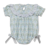 Short sleeves light blue bow smocked floral baby girls romper