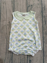 Sleeveless green light blue floral baby girls summer romper