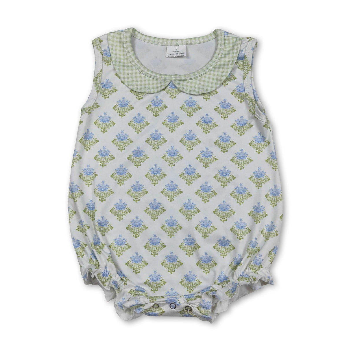 Sleeveless green light blue floral baby girls summer romper