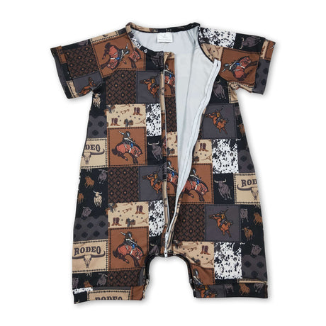 Short sleeves cow rodeo baby boy zipper romper