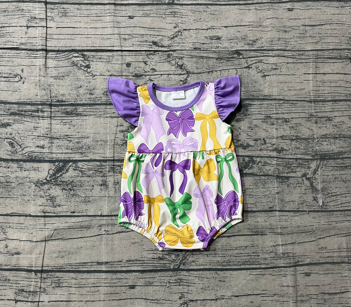 Purple yellow green bow girls Mardi Gras romper