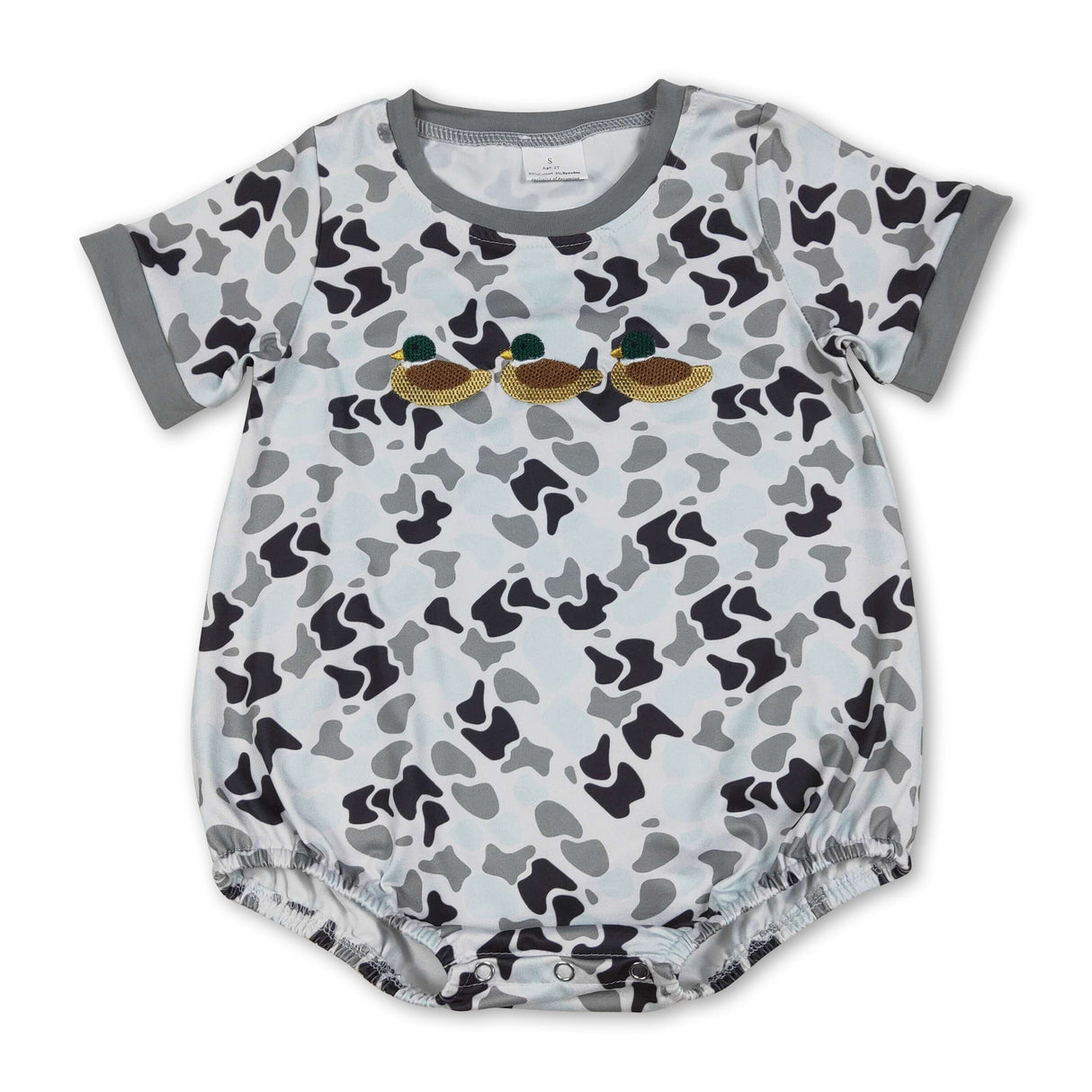 Grey short sleeves camo duck baby boy romper