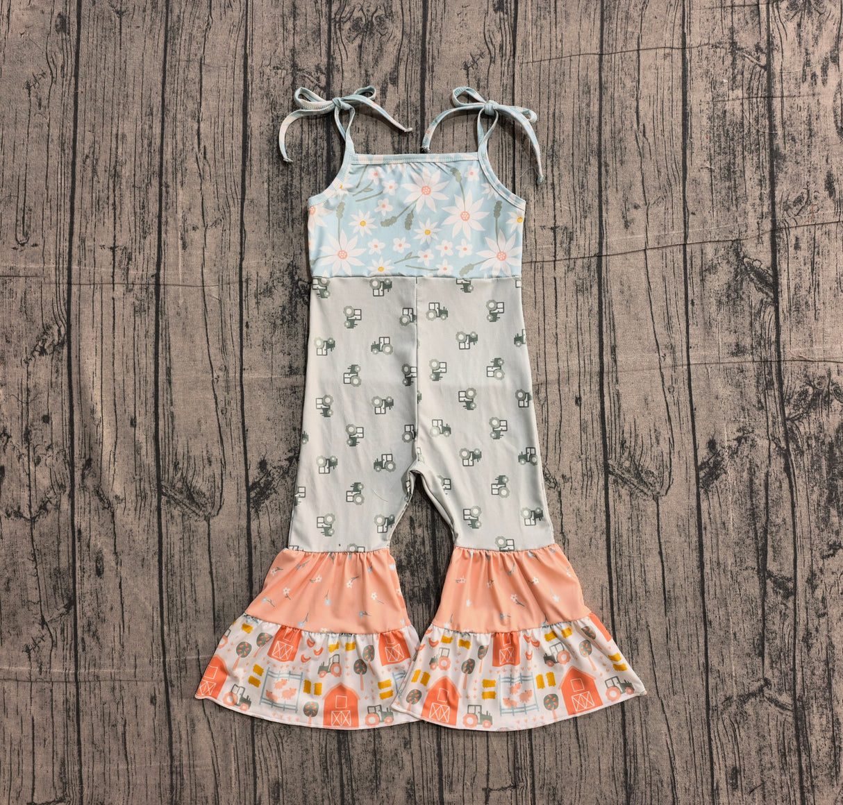 Straps floral tractor patchwork farm kids girls jumpsuit