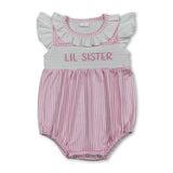 Flutter sleeves LIL SISTER smocked stripe baby romper