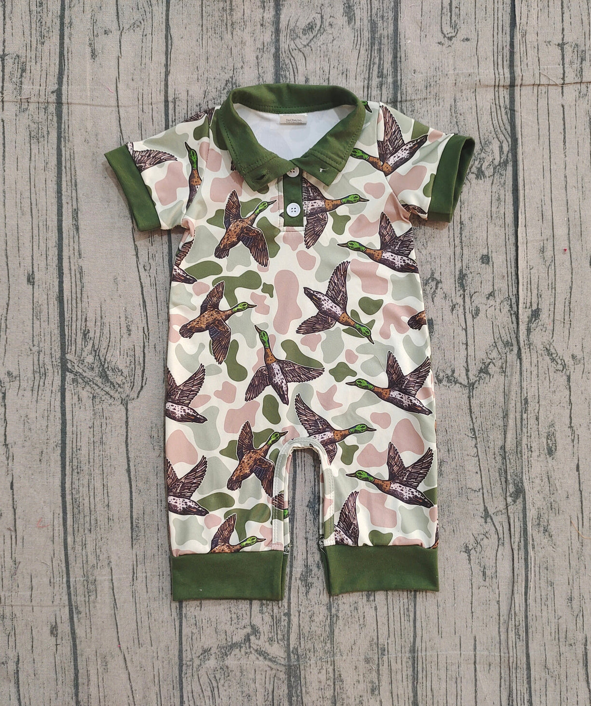 Short sleeves green camo duck baby boy polo romper