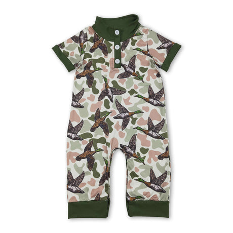 Short sleeves green camo duck baby boy polo romper