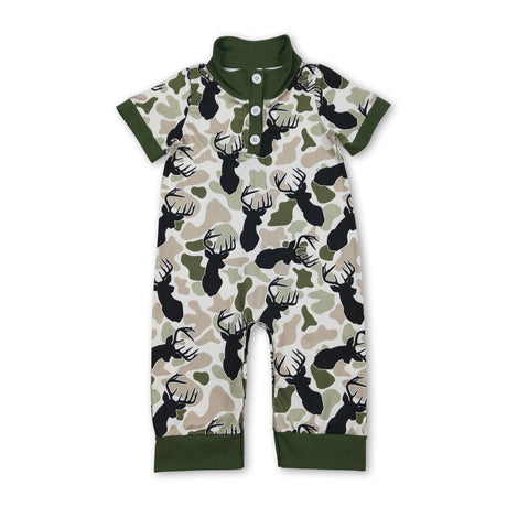 Short sleeves green camo deer baby boy polo romper