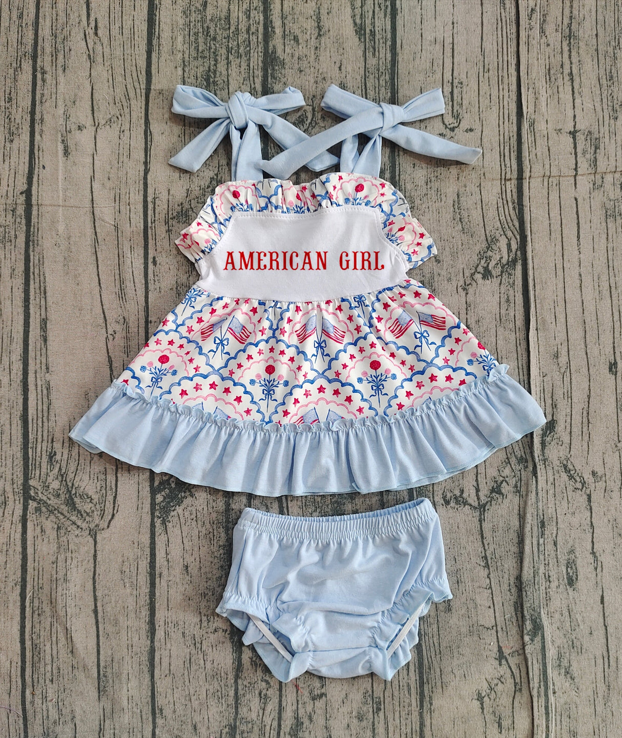 American girl flag floral bow baby girls 4th of july set