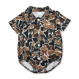 Short sleeves brown camo pockets baby boy button romper