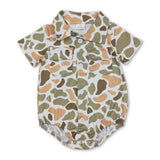 Short sleeves green camo pockets baby boy button romper