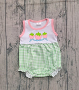 Sleeveless strawberry bow plaid baby girls romper