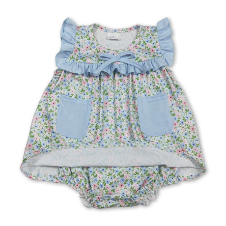 Light blue ruffle floral pockets baby girls romper