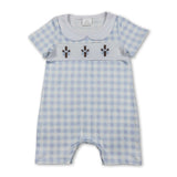 Plaid short sleeves cross embroidery baby boy Easter romper