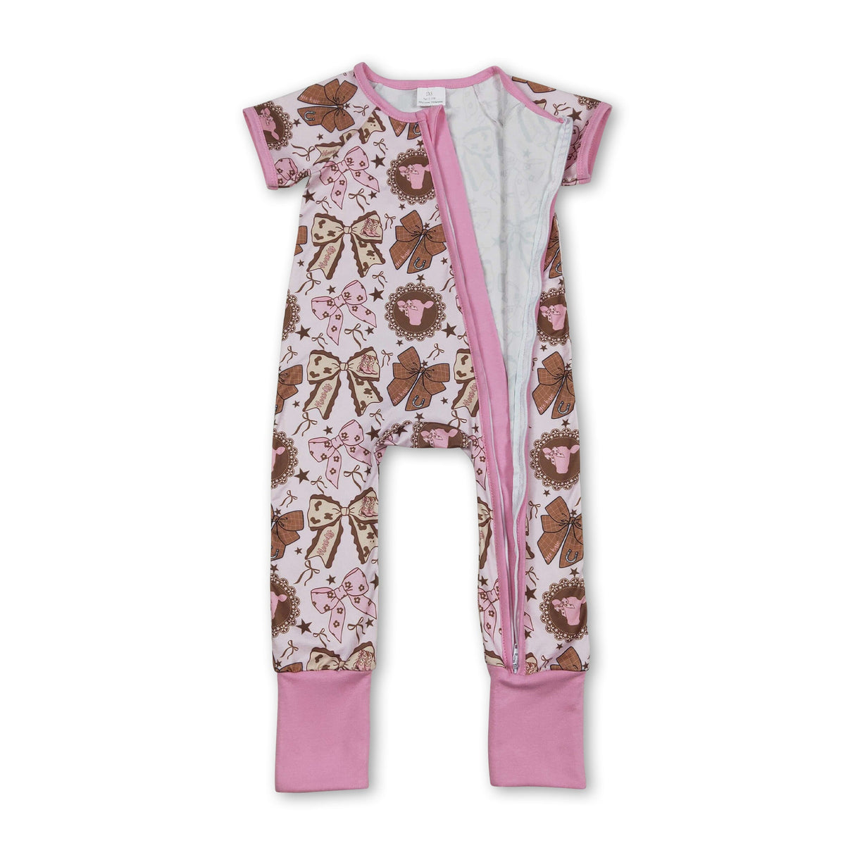 Pink short sleeves bow cow baby girls zipper romper