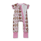 Pink short sleeves bow cow baby girls zipper romper