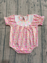 Short sleeves pink floral rabbit smocked baby Easter romper