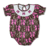 Short sleeves bow smocked camo baby girls romper