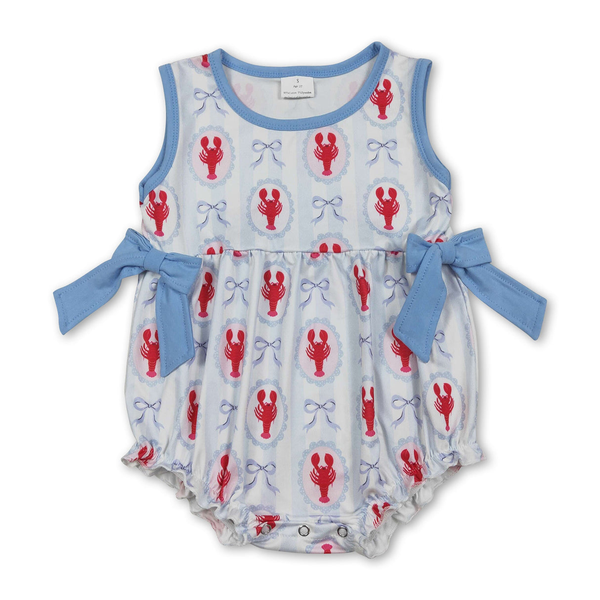 Sleeveless crawfish light blue bow baby girls romper