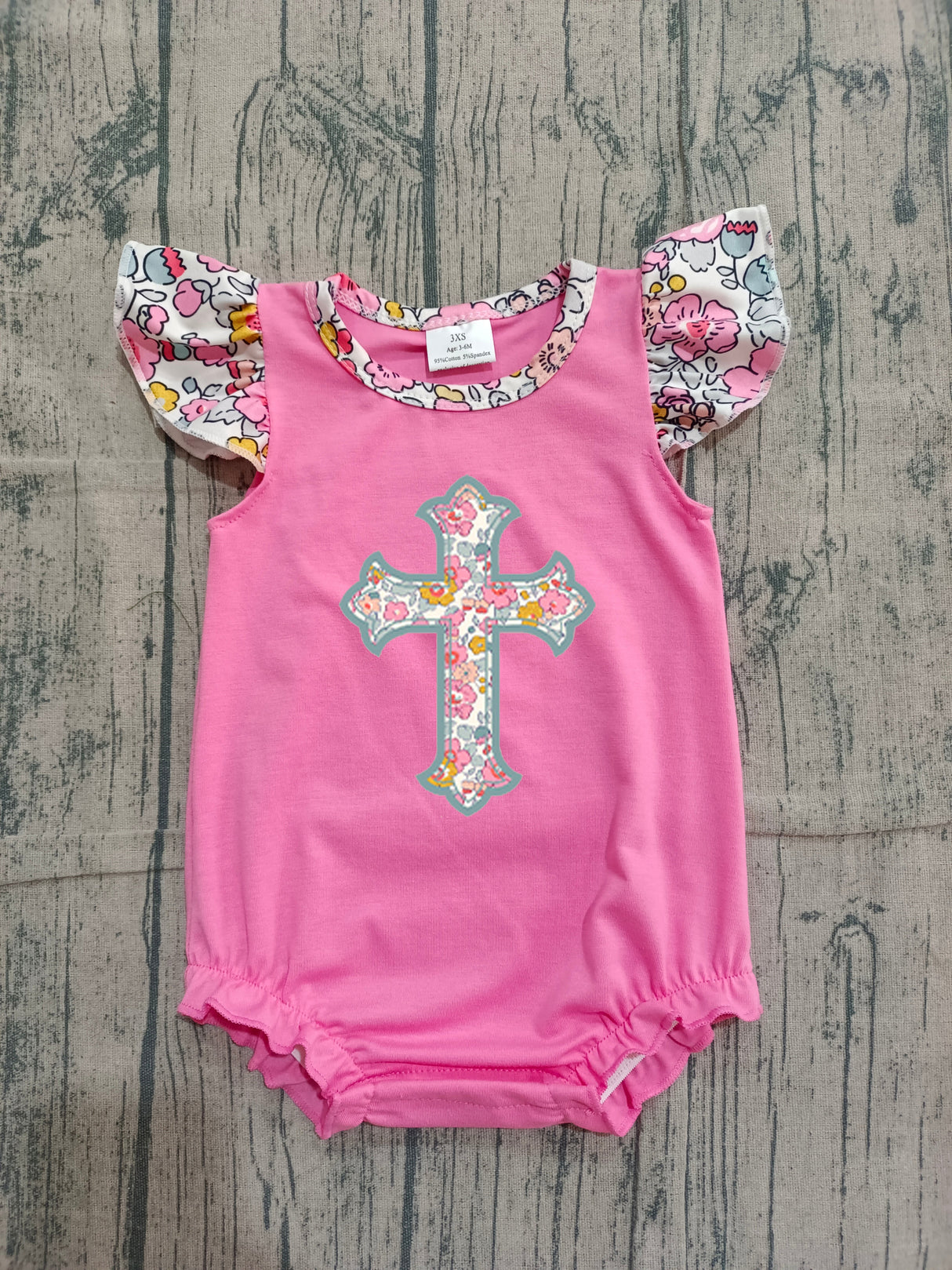 Flutter sleeves floral cross embroidery baby Easter romper