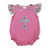 Flutter sleeves floral cross embroidery baby Easter romper