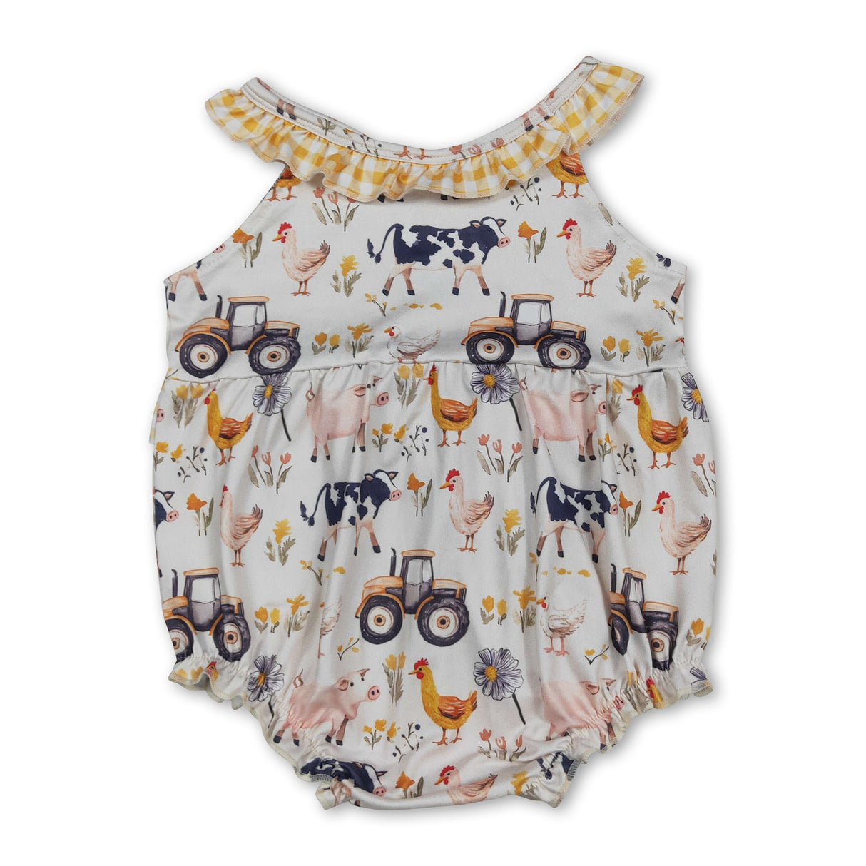 Yellow plaid ruffle sleeveless farm baby girls romper