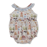 Sleeveless plaid ruffle farm baby girls romper