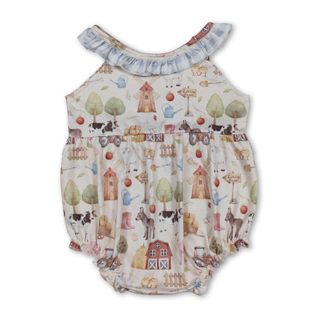 Sleeveless plaid ruffle farm baby girls romper