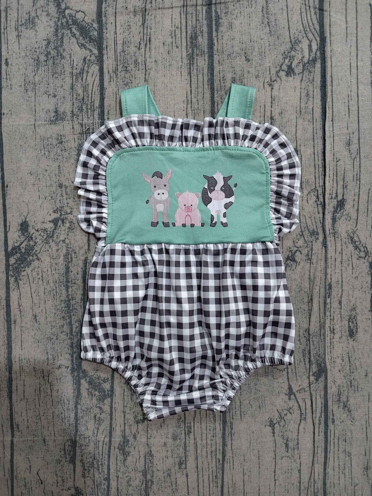 Straps cow pig ruffle plaid farm baby summer romper