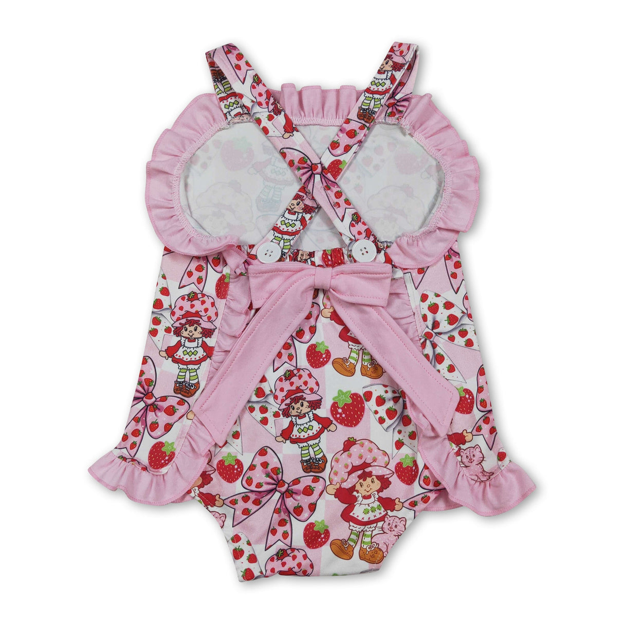 Strawberry bow ruffle straps baby girls summer romper