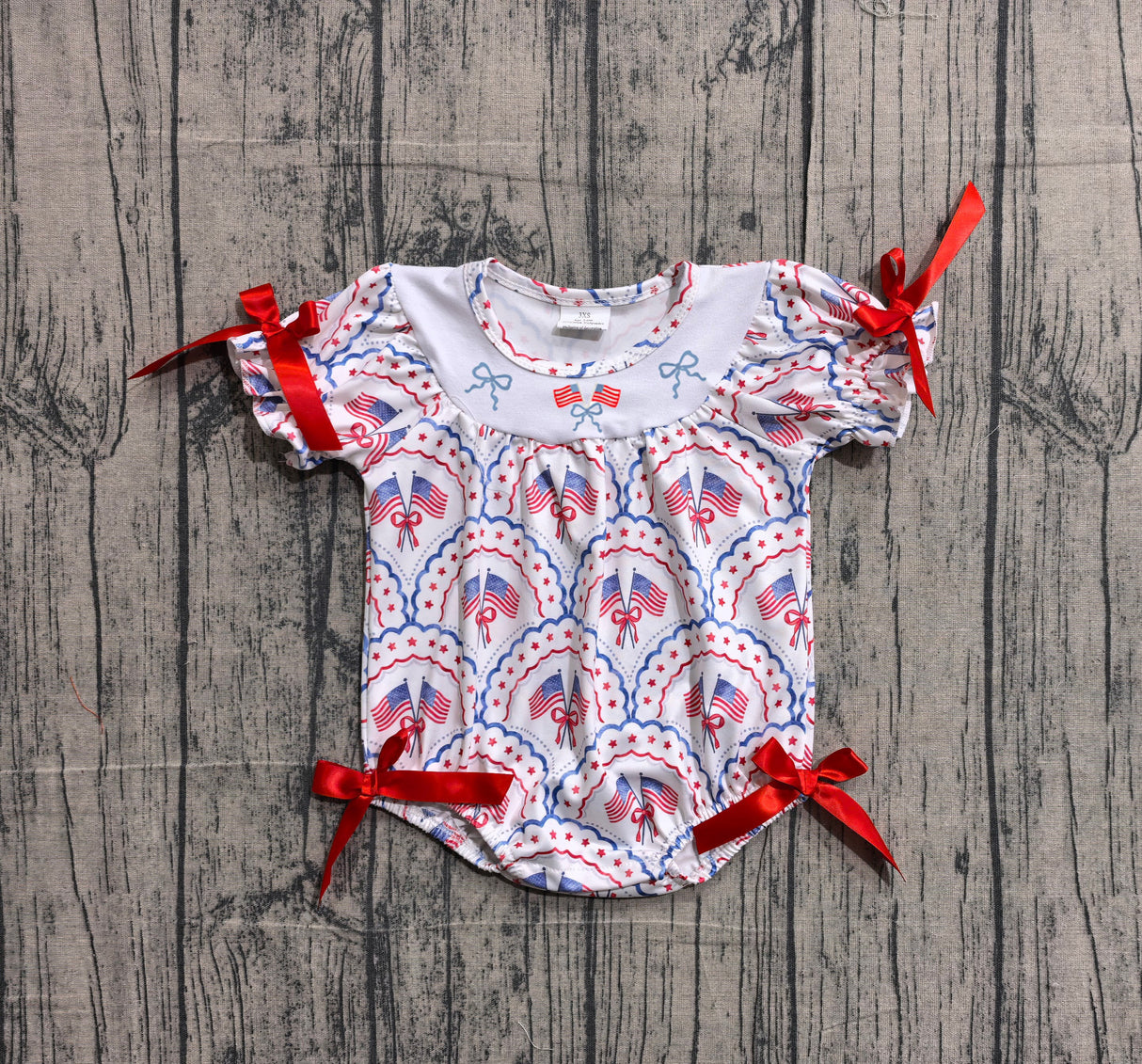 Short sleeves flag bow embroidery baby girl 4th of july romper