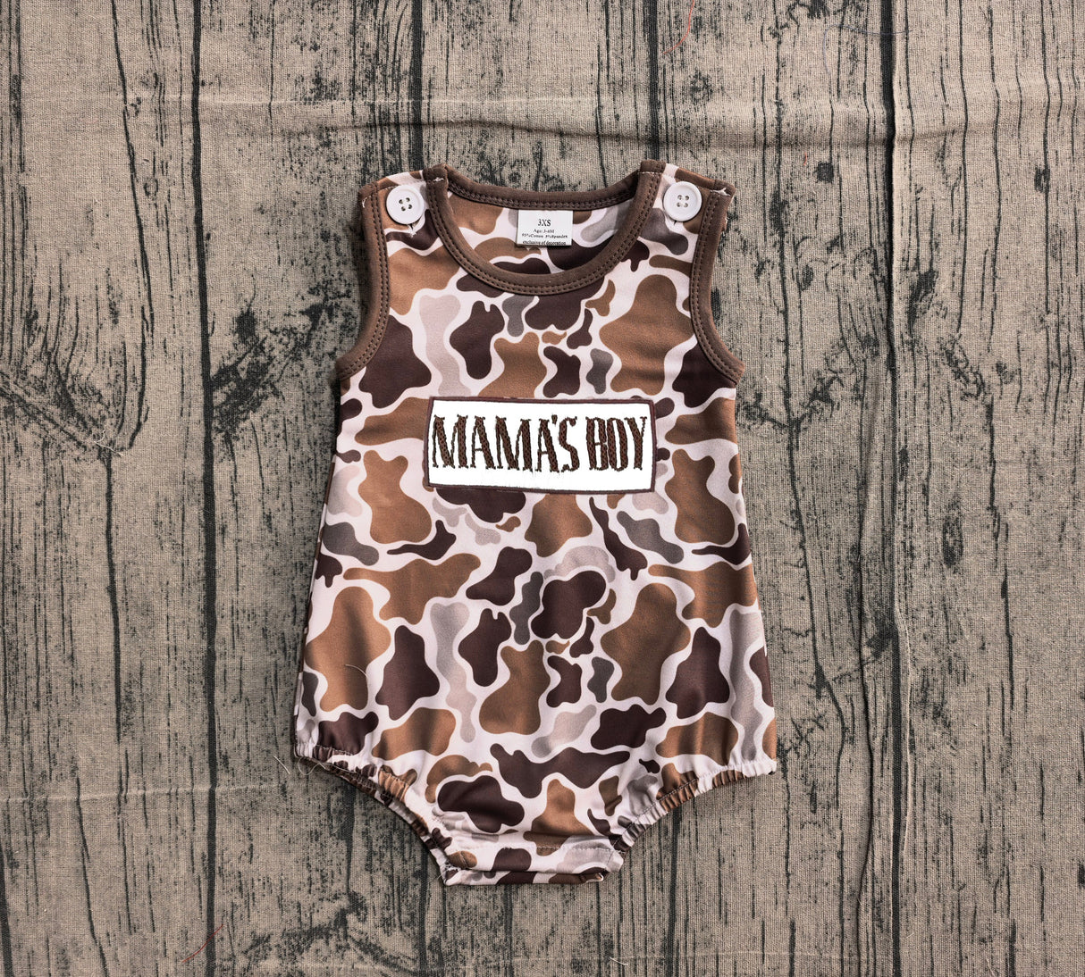Sleeveless mama's boy embroidery camo romper