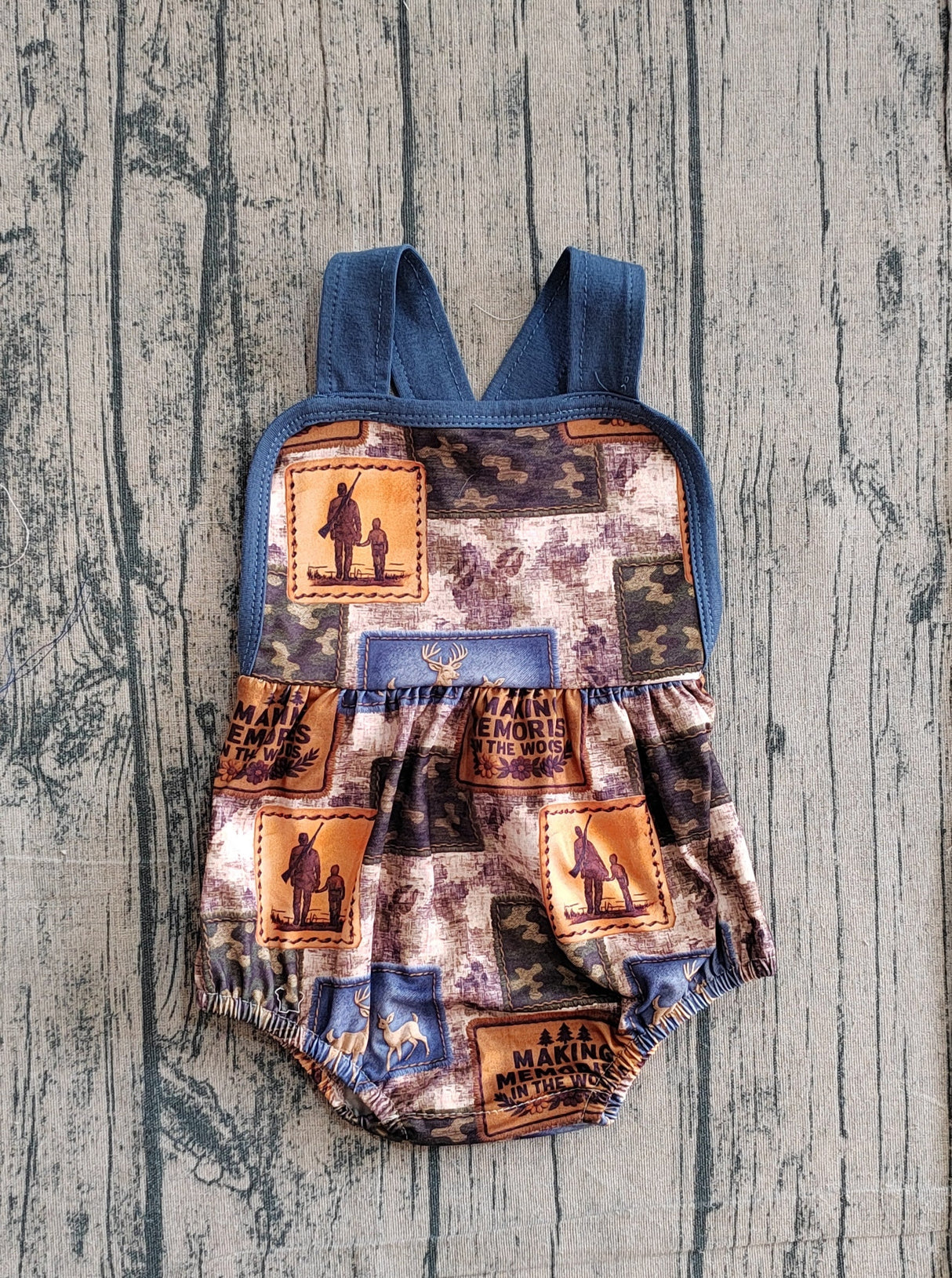 Blue straps deer camo hunting baby boy summer romper
