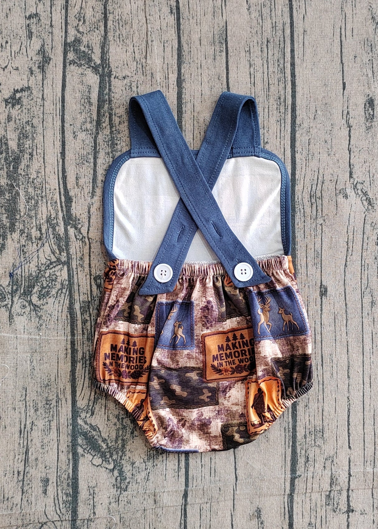 Blue straps deer camo hunting baby boy summer romper