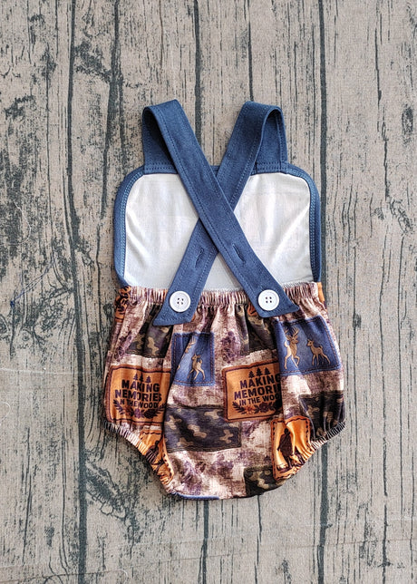 Blue straps deer camo hunting baby boy summer romper