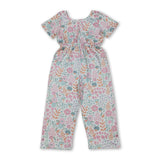 Short sleeves pink floral pockets kids girls jumpsuit