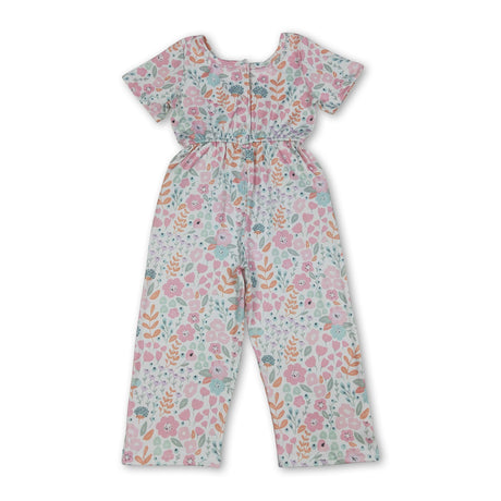 Short sleeves pink floral pockets kids girls jumpsuit