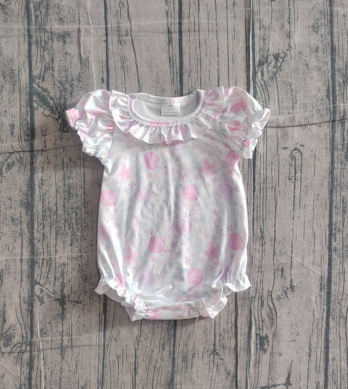 Short sleeves pink lavender floral ruffle baby girl romper