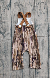 Brown straps deer embroidery pocket camo baby boy jumpsuit
