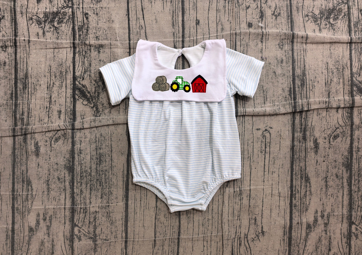 Short sleeves stripe farm tractor embroidery boy romper