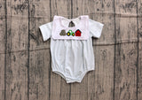 Short sleeves stripe farm tractor embroidery boy romper