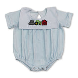 Short sleeves stripe farm tractor embroidery boy romper