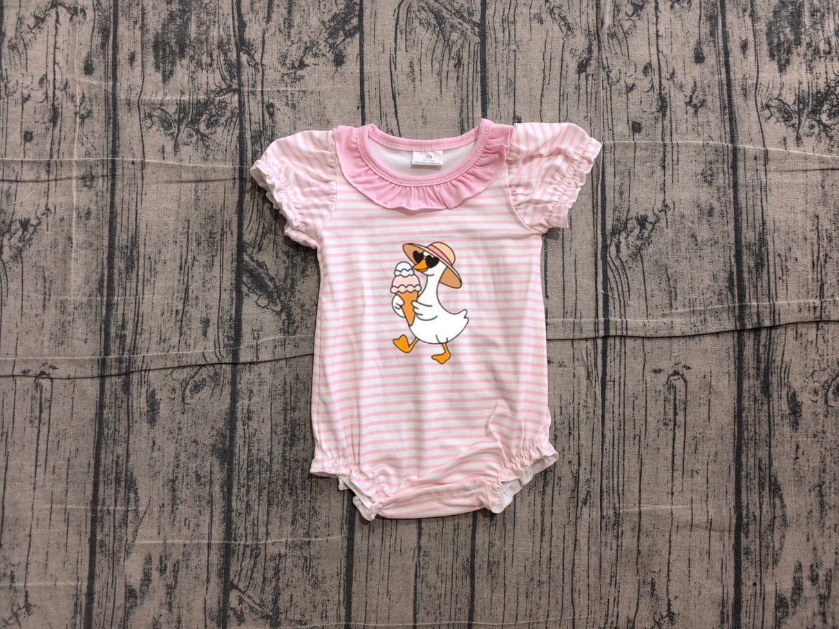 Pink ruffle stripe goose ice cream embroidery girls romper