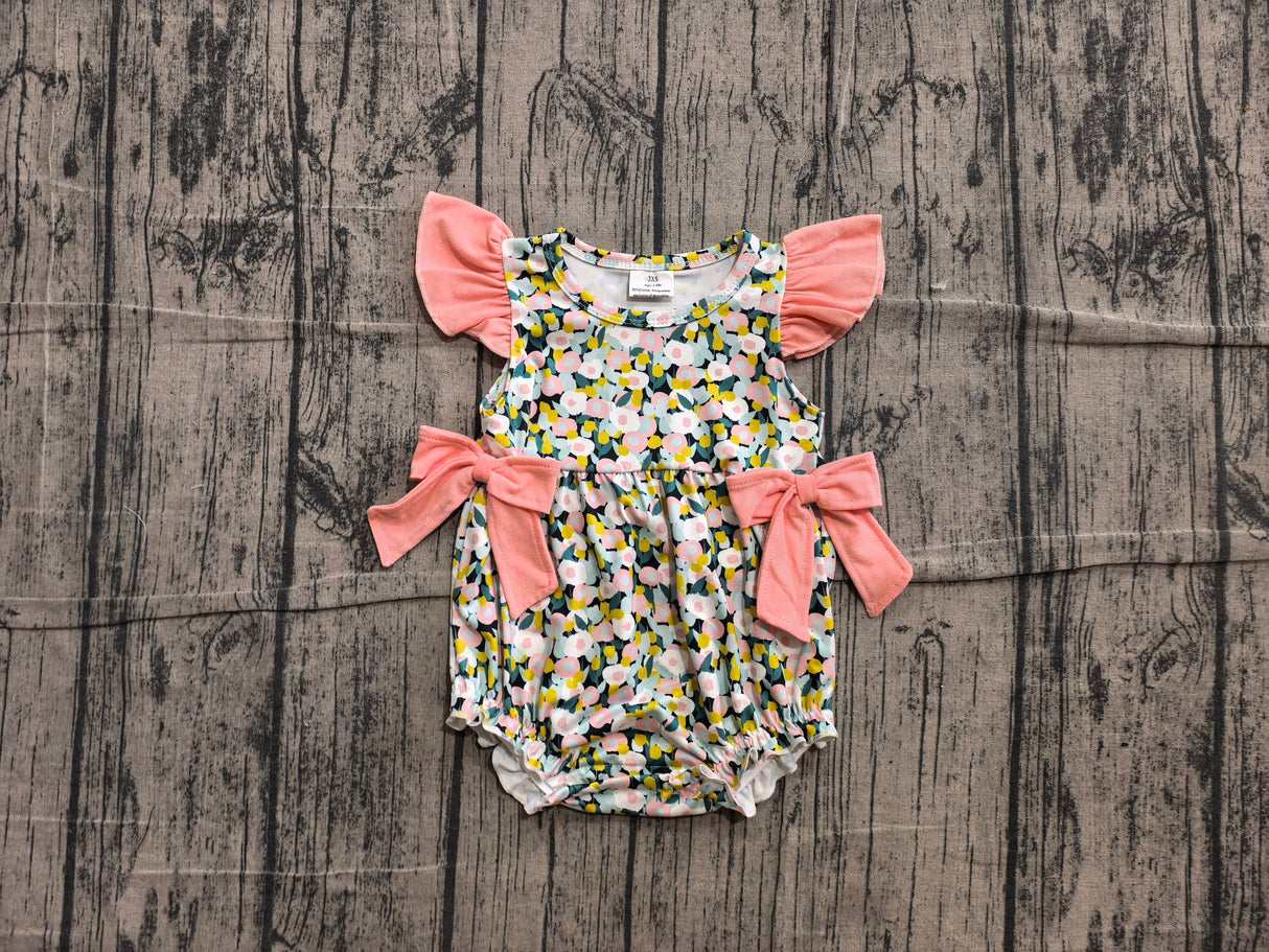Flutter sleeves bow floral baby girls summer romper