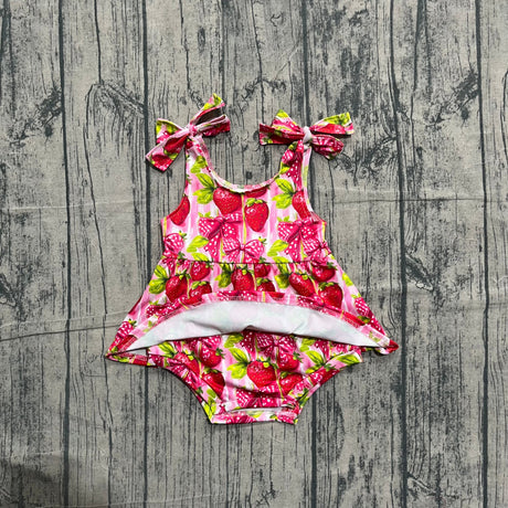 Sleeveless strawberry bow baby girls romper