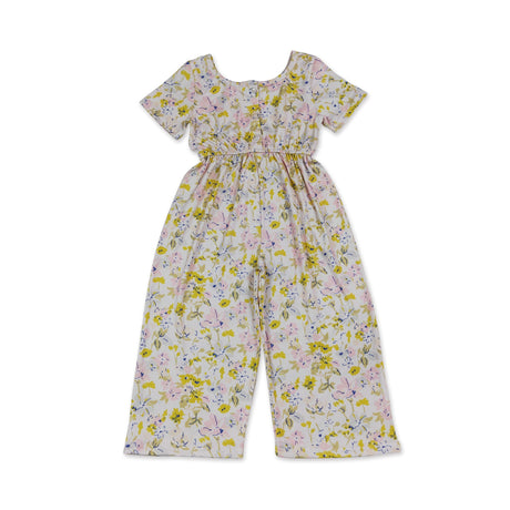 Short sleeves pink yellow floral kids girls jumpsuit