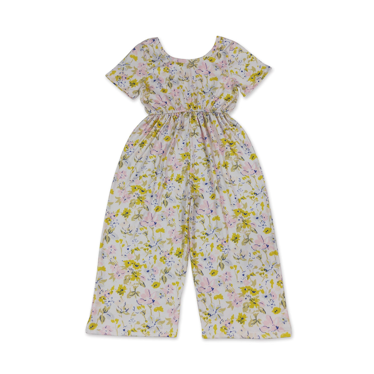 Short sleeves pink yellow floral kids girls jumpsuit